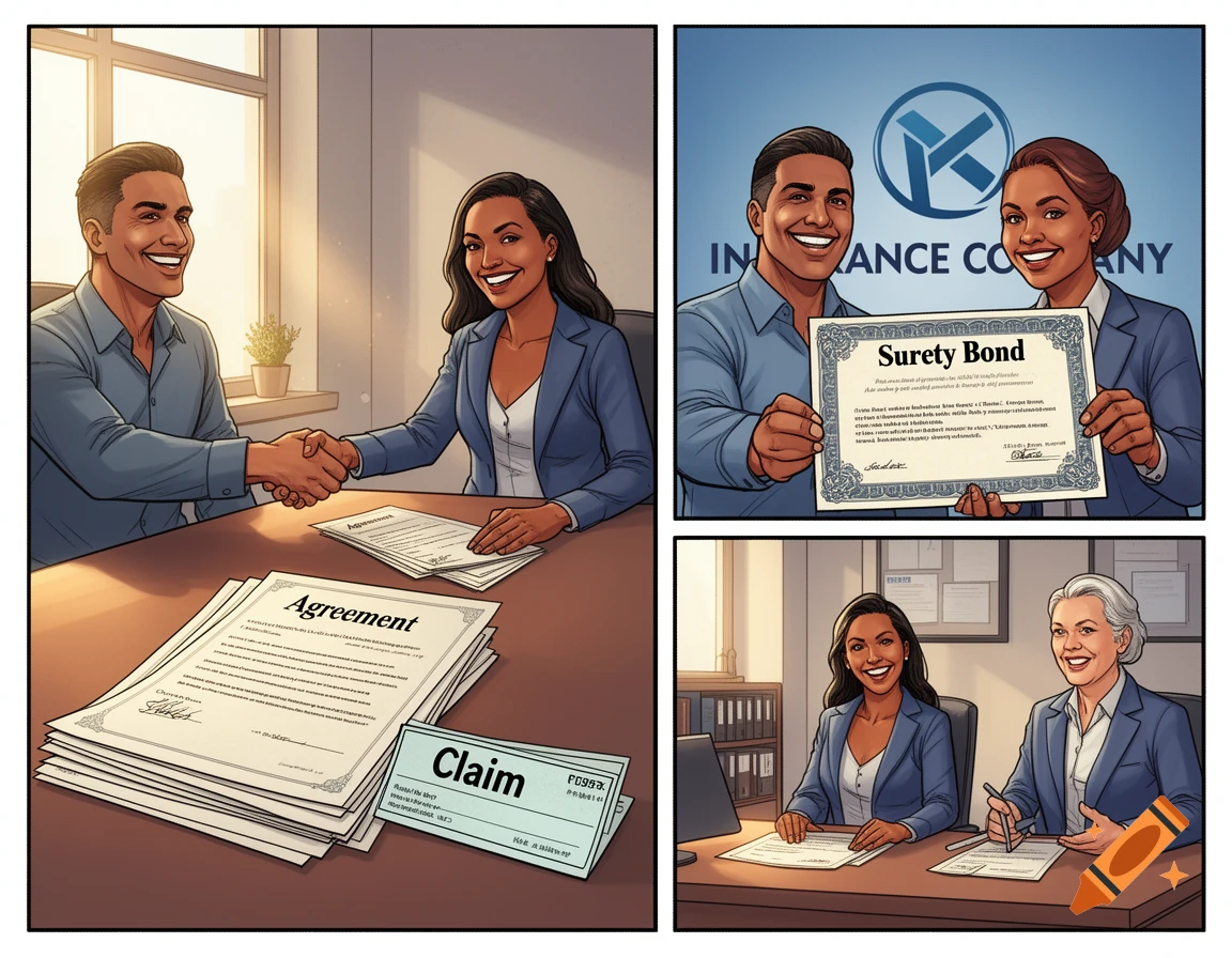 A four-panel comic strip depicting business concepts. Panels show people shaking hands, holding a 'Surety Bond' certificate with an insurance logo, and signing documents related to a 'Claim', all in a clean comic-style illustration.