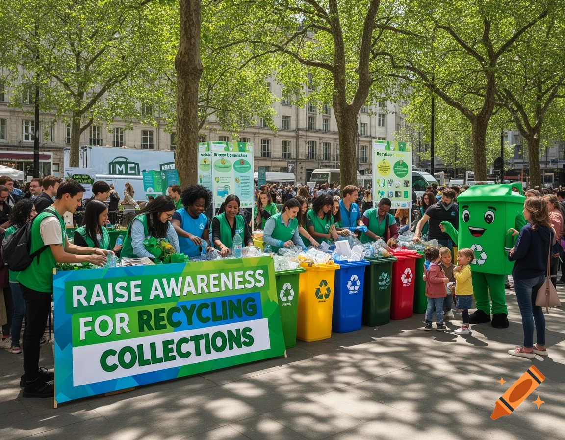 A photorealistic image of people at an outdoor recycling awareness event, sorting waste into colorful bins with a mascot and banner.