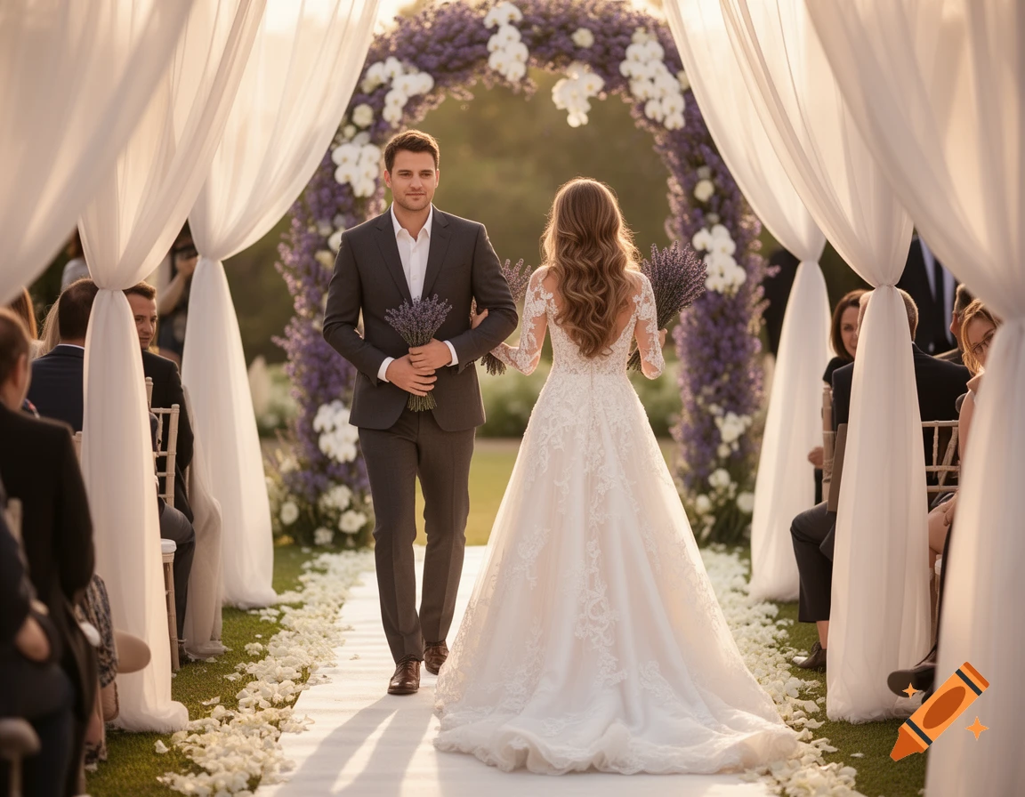 A man in a suit and a woman in a wedding gown walk down a petal-strewn aisle towards a lavender floral arch at an outdoor wedding.