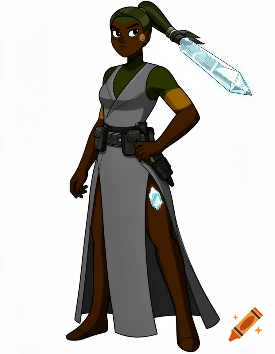 Dark-skinned female cartoon character with a green ponytail and crystal blade, wearing a gray high-slit dress, utility belt, and thigh gem.