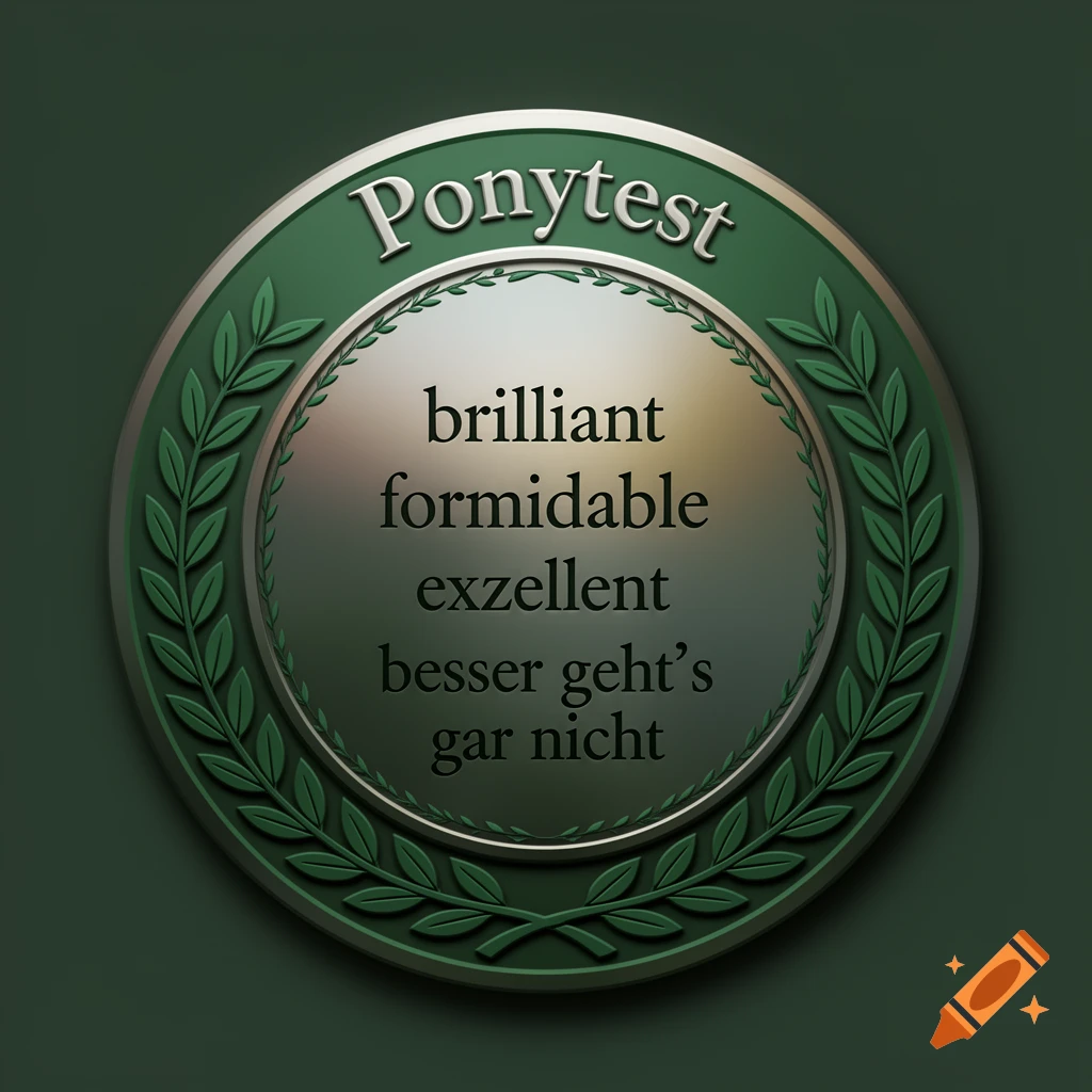 Green and silver medal with 'Ponytest' and 'brilliant, formidable, exzellent, besser geht's gar nicht' text, framed by a laurel wreath.