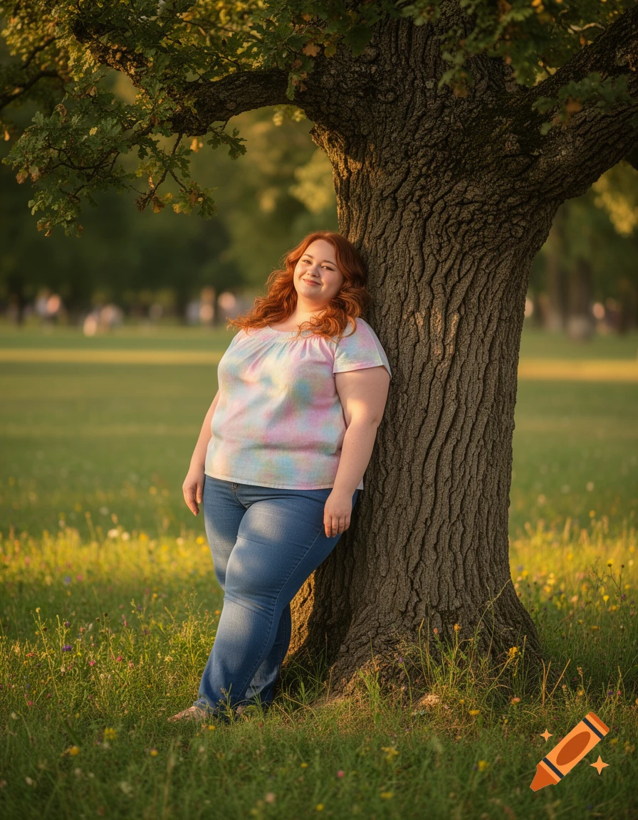 A smiling woman with red hair, wearing a tie-dye shirt and jeans, leans against a large tree in a sunny park.
