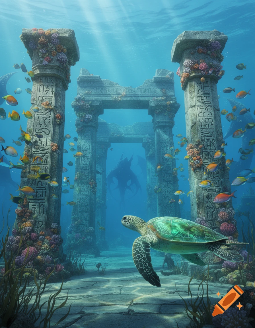 A vibrant underwater scene with a sea turtle swimming past ancient ruins covered in coral and hieroglyphs, surrounded by schools of colorful fish.