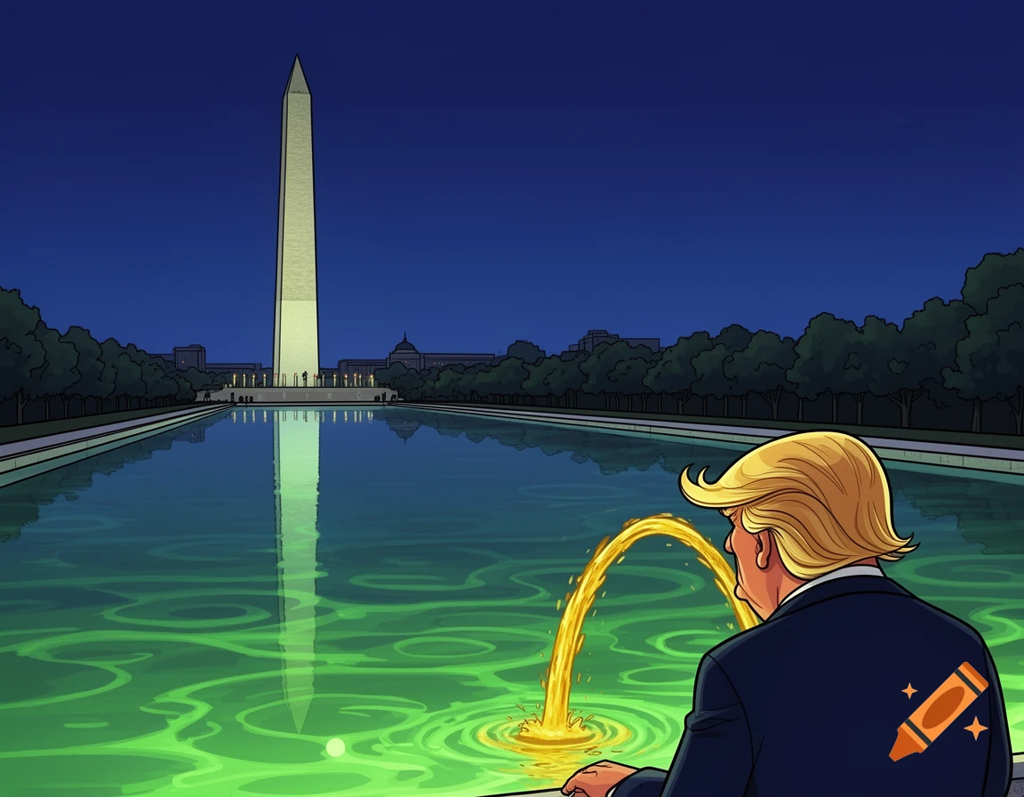 Cartoon of a figure resembling Donald Trump urinating into the green reflecting pool at night, with the Washington Monument in the background.