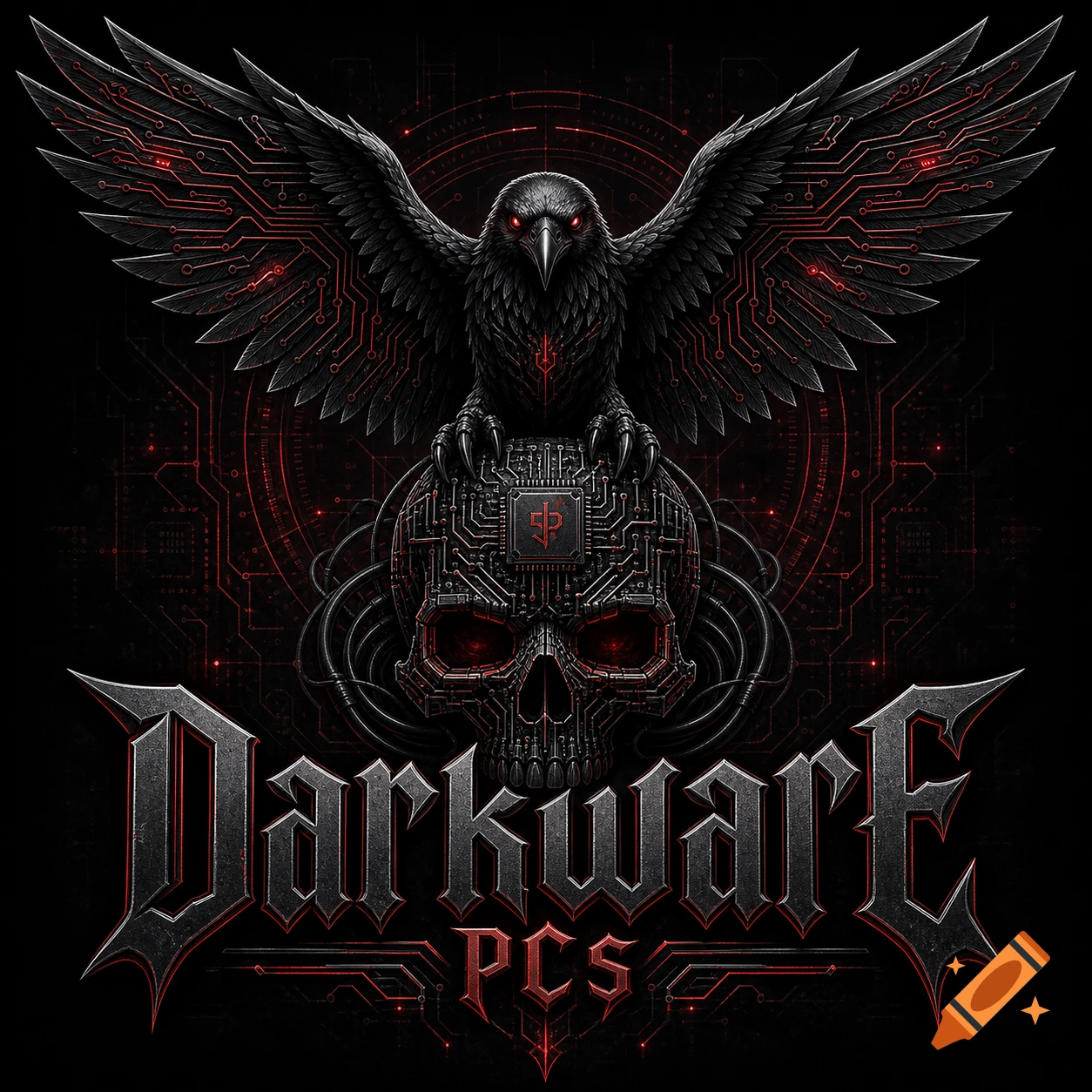 A dark, edgy logo features a raven with red eyes and circuit wings perched on a circuit board skull, with text 'Darkware PCS' below.