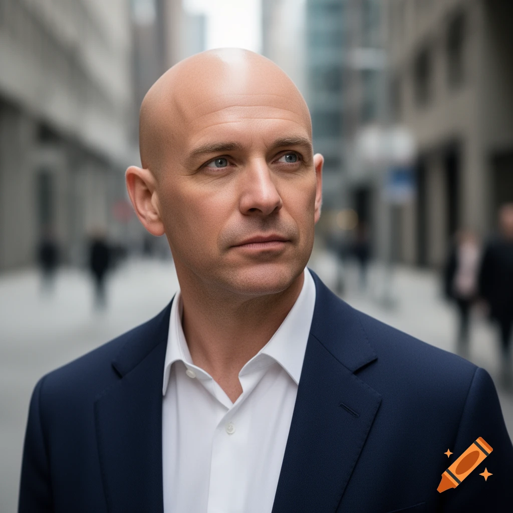 Photorealistic portrait of a bald white man in a navy suit and white shirt, looking thoughtfully to the right, against a blurred city street background.