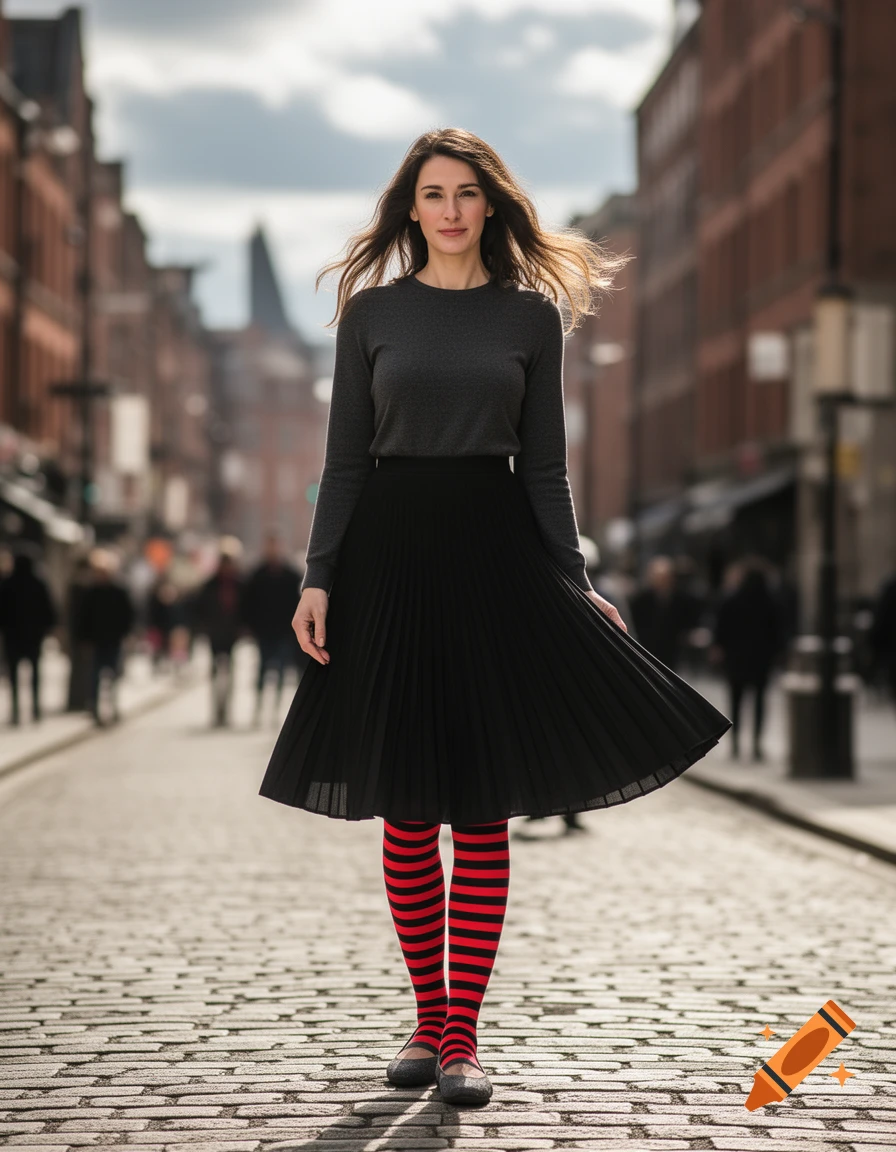 A woman in a grey sweater, black pleated skirt, red and black striped tights, and flats walks on a cobblestone street.