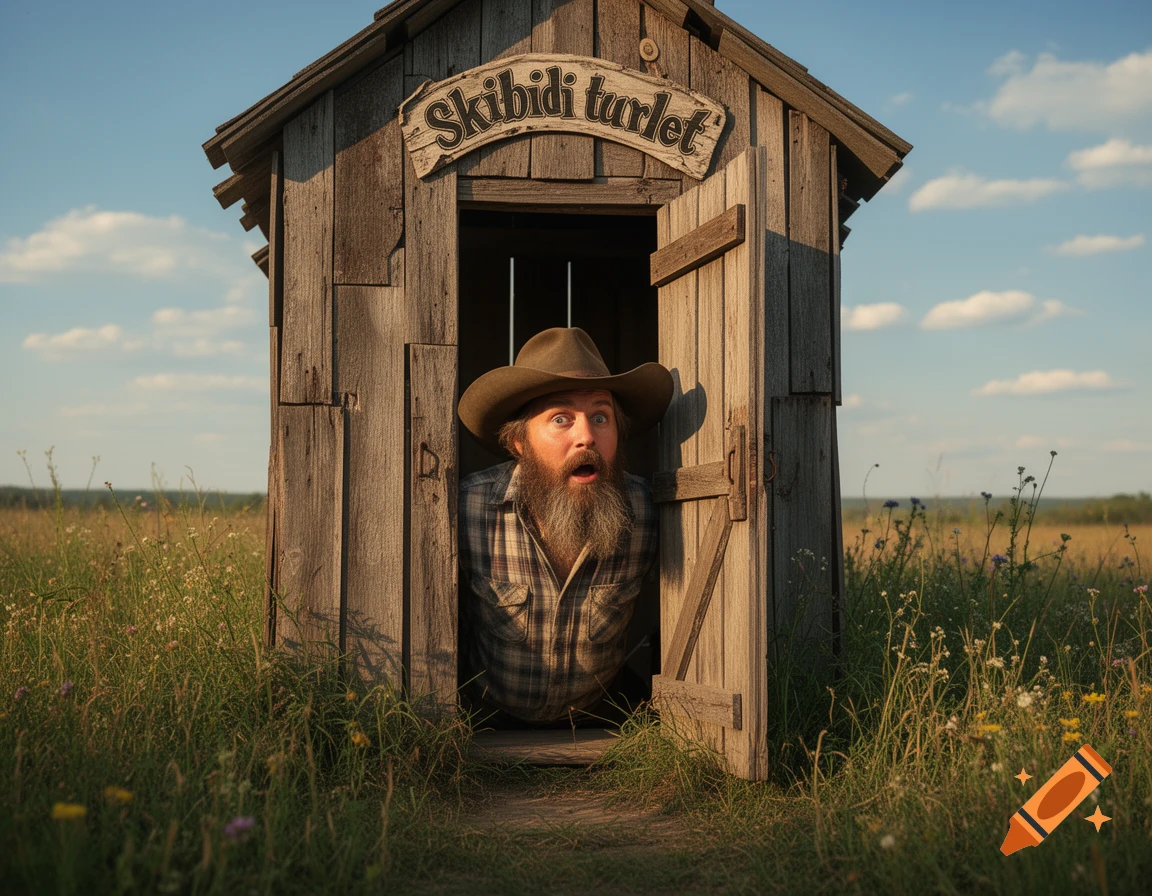 A surprised bearded man in a cowboy hat peeks from a rustic outhouse with a "SKIBIDI turlet" sign, in a sunny grassy field.