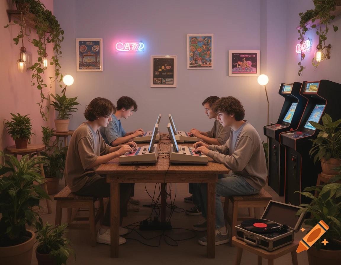 Four young men play retro-style computer games at a wooden table in a lofi gaming cafe filled with plants and neon signs.