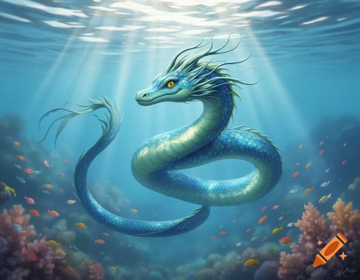 A blue-green sea dragon with yellow eyes swims among colorful coral and small fish in sunlit blue water.