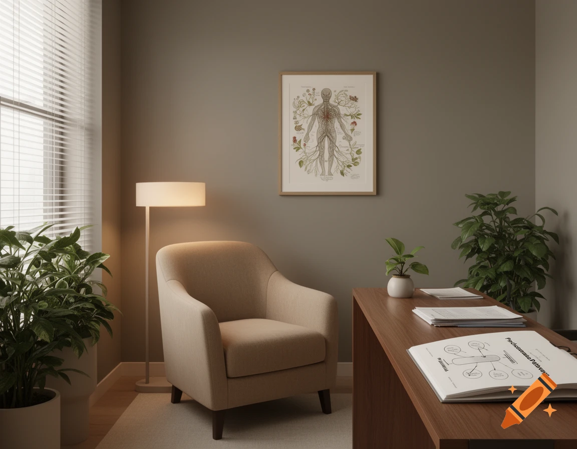 A modern doctor's office with a beige armchair, a desk with an open book titled 'Psychosomatic Pathways', and an anatomical botanical print on the wall.