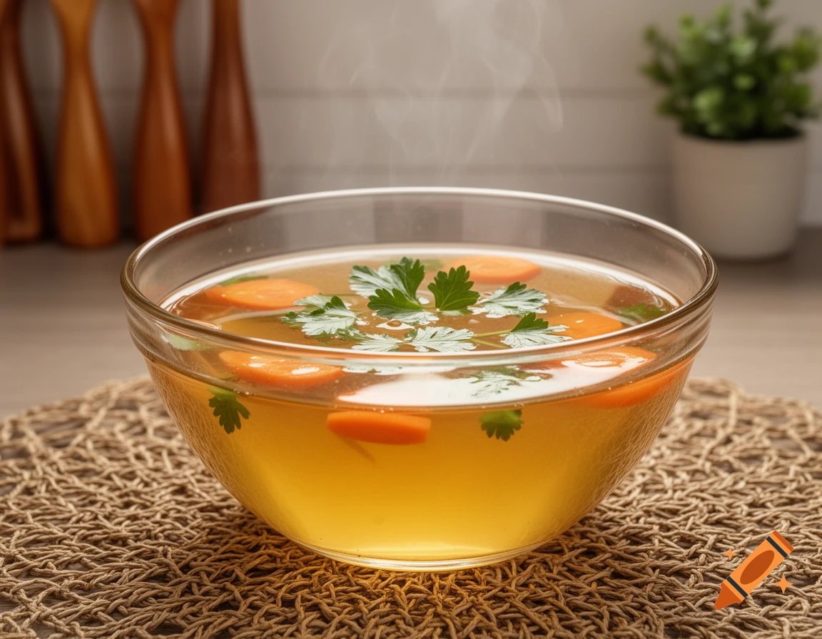 A clear glass bowl of steaming golden broth with carrot slices and fresh parsley, resting on a woven mat.