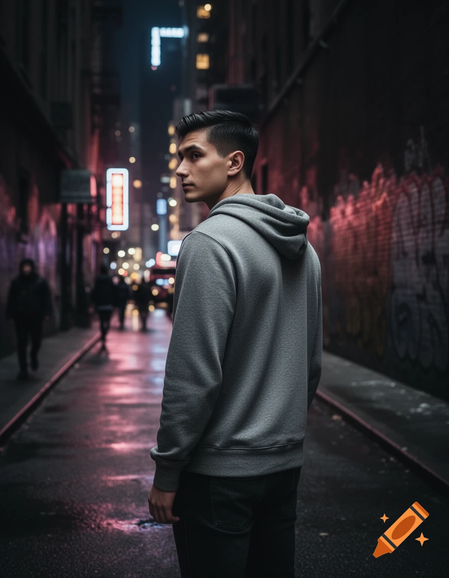 A man in a grey hoodie looks over his shoulder in a neon-lit city alley at night, photorealistic.