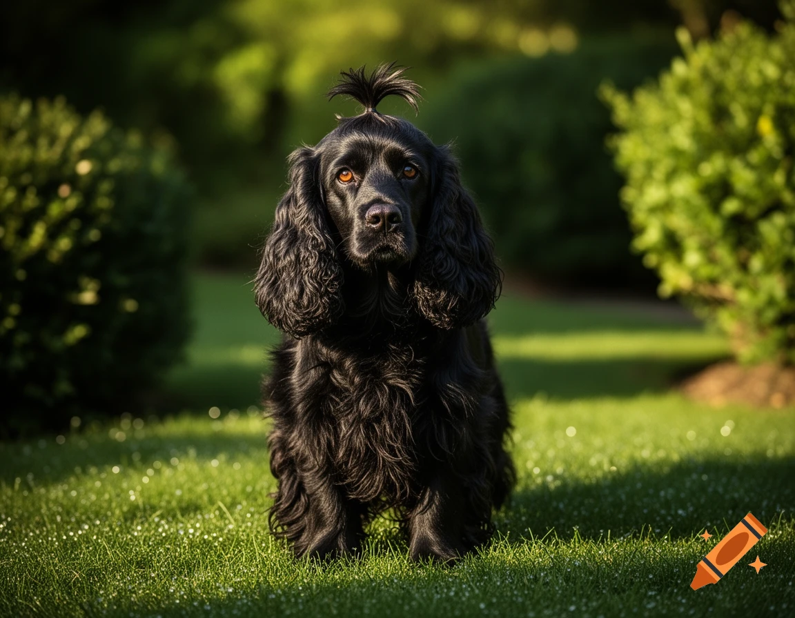 A black Cocker Spaniel with a small topknot sits on a lush green lawn, bathed in warm sunlight.