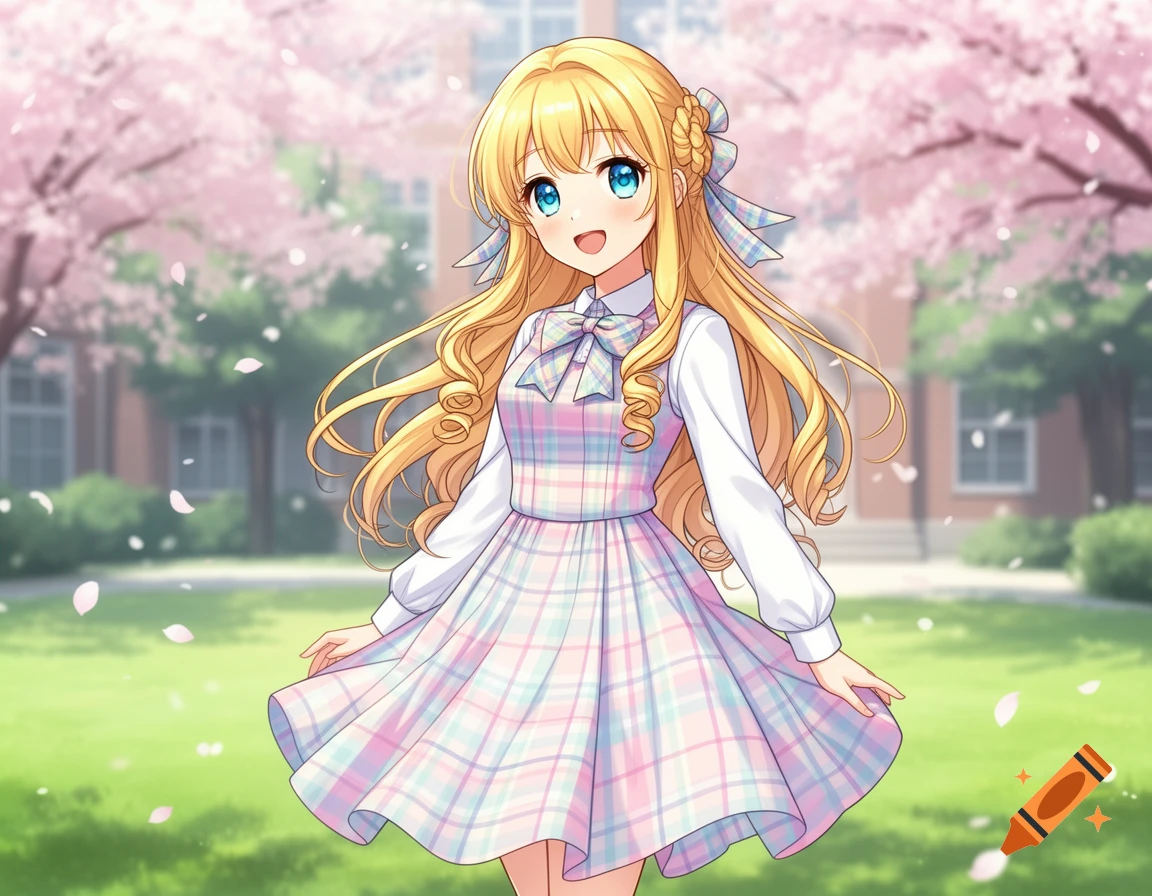 Smiling blonde anime girl with blue eyes in a plaid preppy dress standing in a park with pink cherry blossoms.