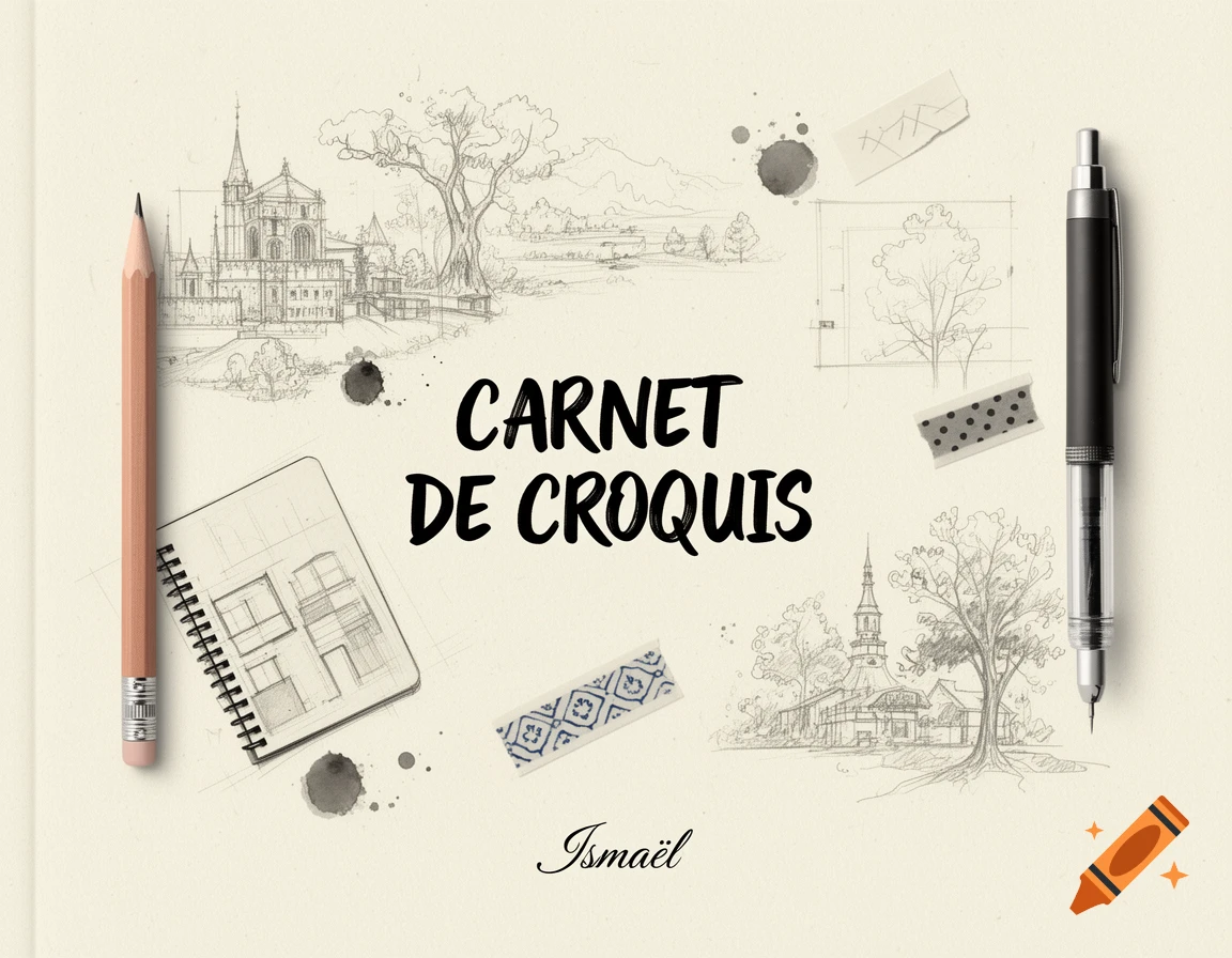 Artistic sketchbook cover on a cream background with the title "CARNET DE CROQUIS" and name "Ismaël," surrounded by detailed pencil sketches of architecture, trees, and landscapes, alongside drawing tools like pencils, a spiral notebook, and decorative tape.