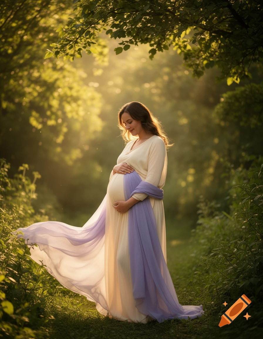 A pregnant woman in a flowing cream dress and purple scarf cradles her belly, standing in a sun-dappled forest with a serene expression.