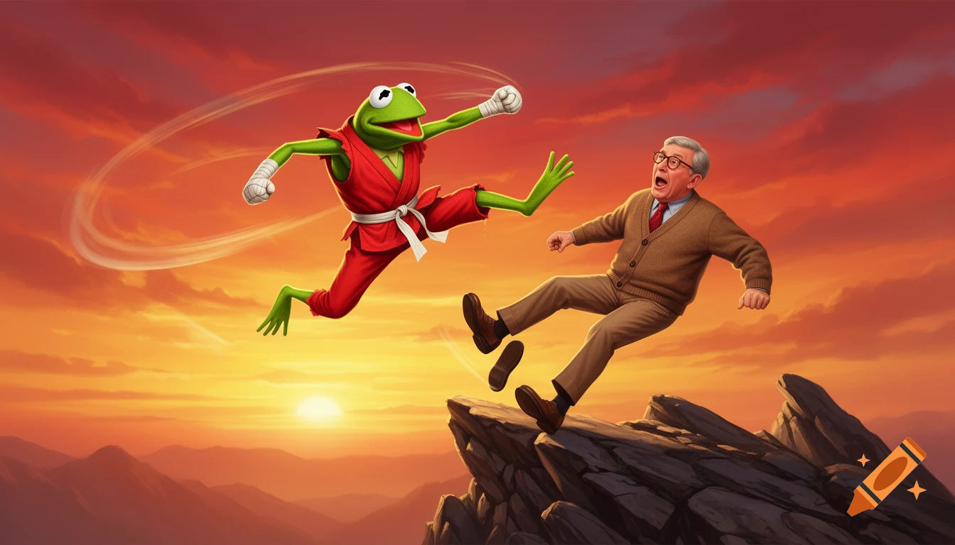 Kermit the Frog in a red gi delivers a flying kick to a startled Mr. Rogers on a mountain top during sunset, knocking a shoe off Mr. Rogers' foot.