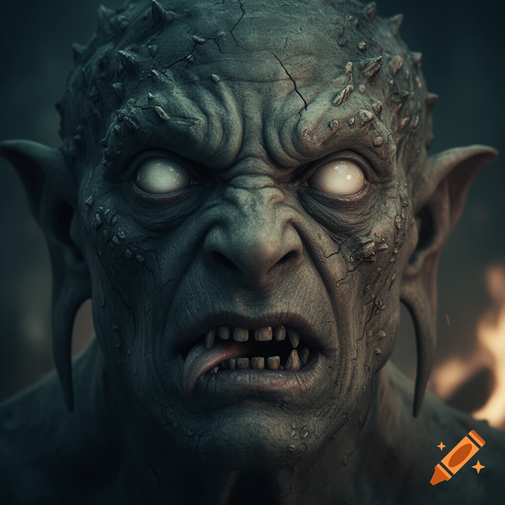 Close-up, photorealistic render of a menacing monster face with cracked green-grey skin, glowing white eyes, and sharp teeth.