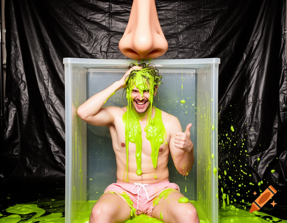 A laughing man covered in green slime, giving a thumbs up while sitting in a clear cubicle under a giant nose, against a black backdrop.