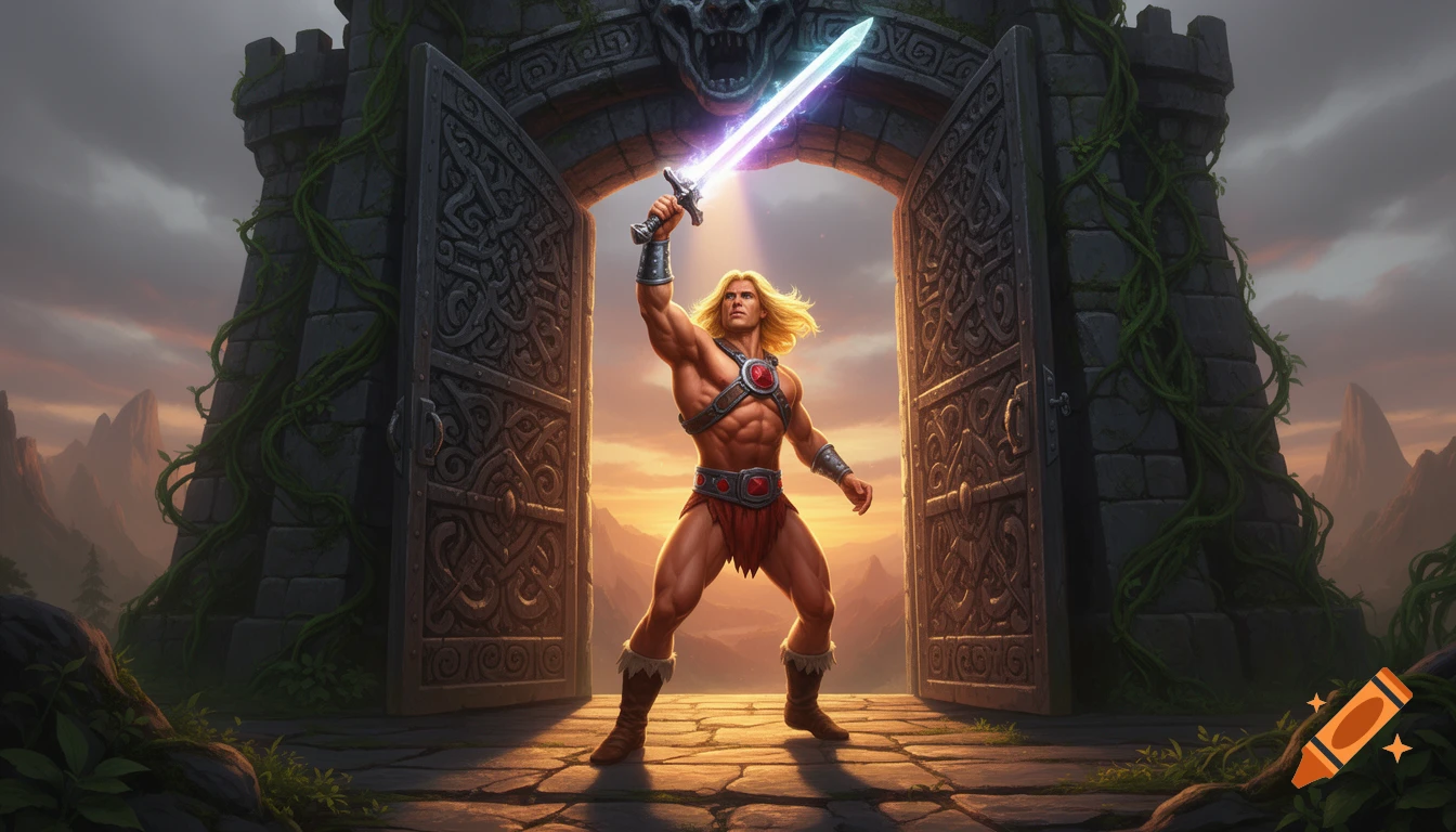 He-Man raises his glowing power sword high at the open gates of Grayskull, against a vibrant sunset sky in an epic fantasy style.