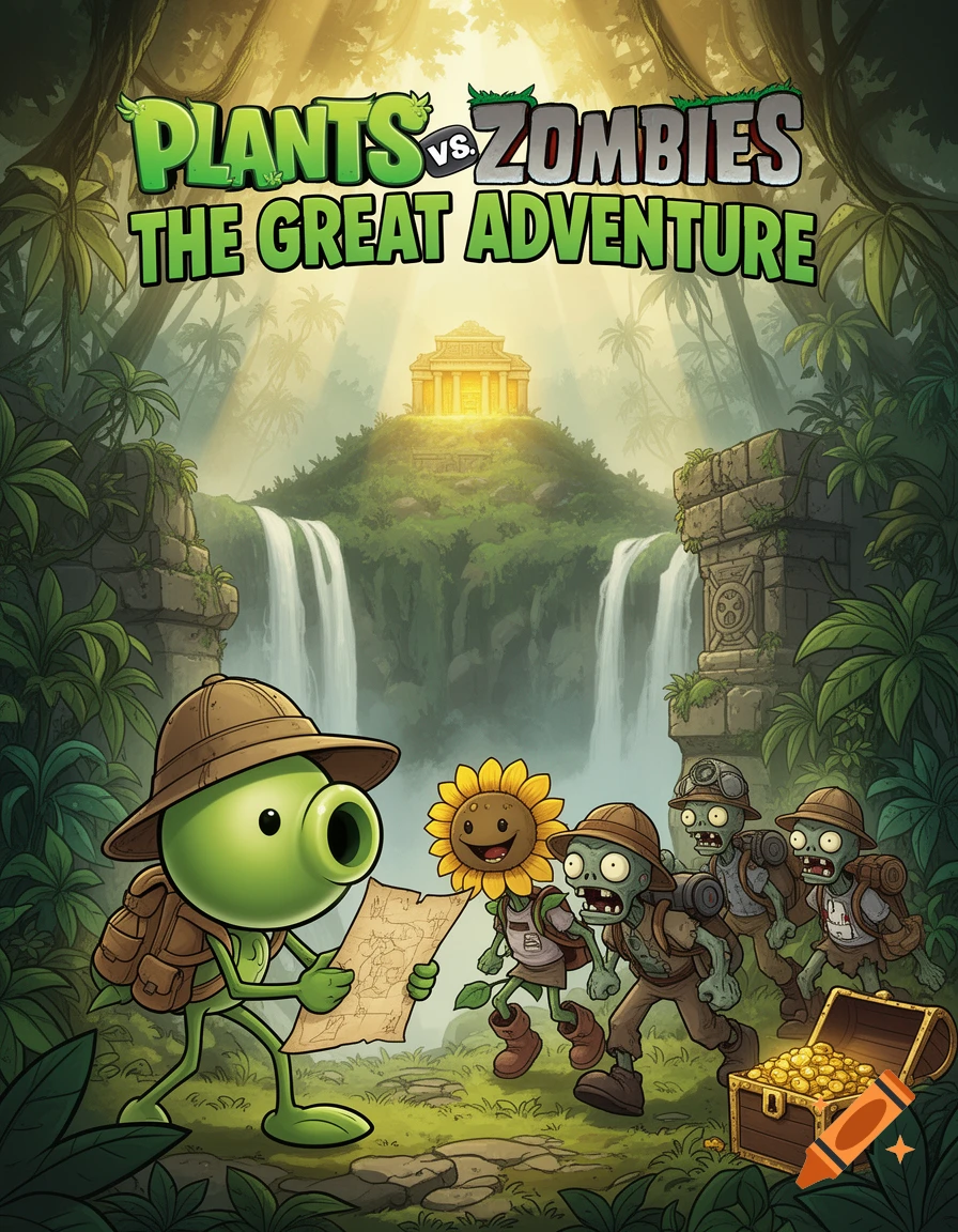 Cartoon style Plants vs. Zombies adventurers in a lush jungle, with a pea-shooter holding a map and zombies following, a glowing temple and waterfalls in the background.