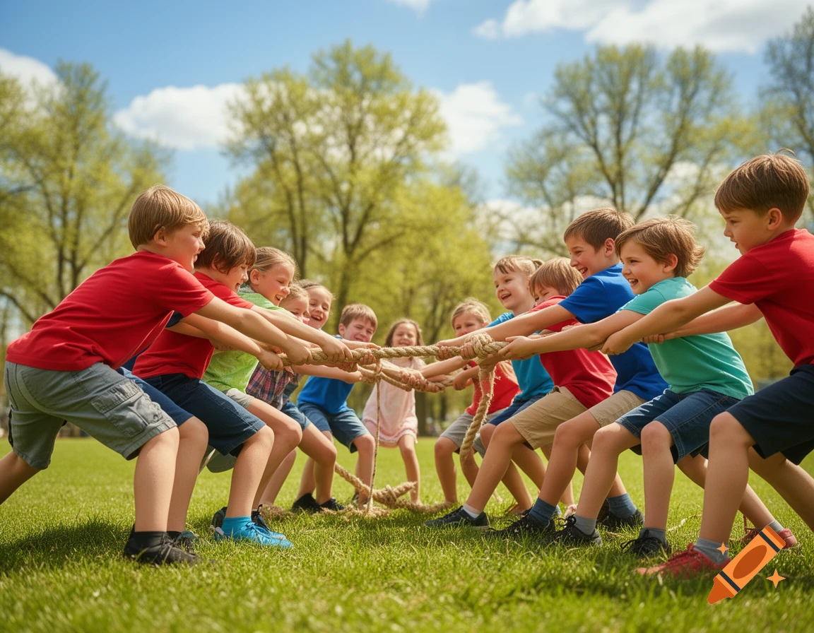 A diverse group of smiling children play tug-of-war on a sunny green lawn in a park.