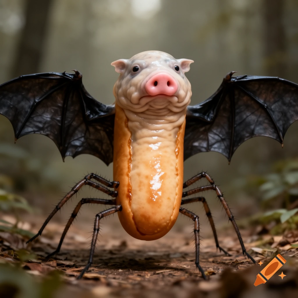 A bizarre creature with a pig's head, hotdog body, bat wings, and spider legs stands in a forest.