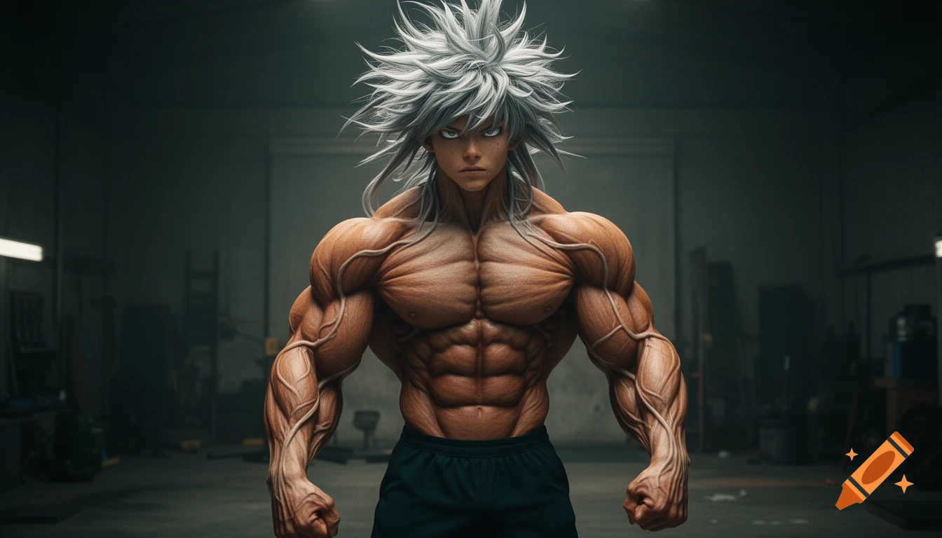 A hyper-muscular male character with spiky silver hair and olive skin stands shirtless in a dark gym, veins and muscle fibers prominently visible.