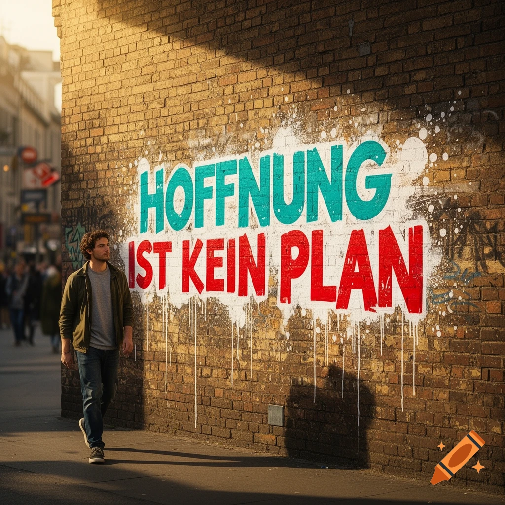 A man walks past a brick wall with prominent graffiti that reads "HOFFNUNG IST KEIN PLAN" in a sunlit urban setting.