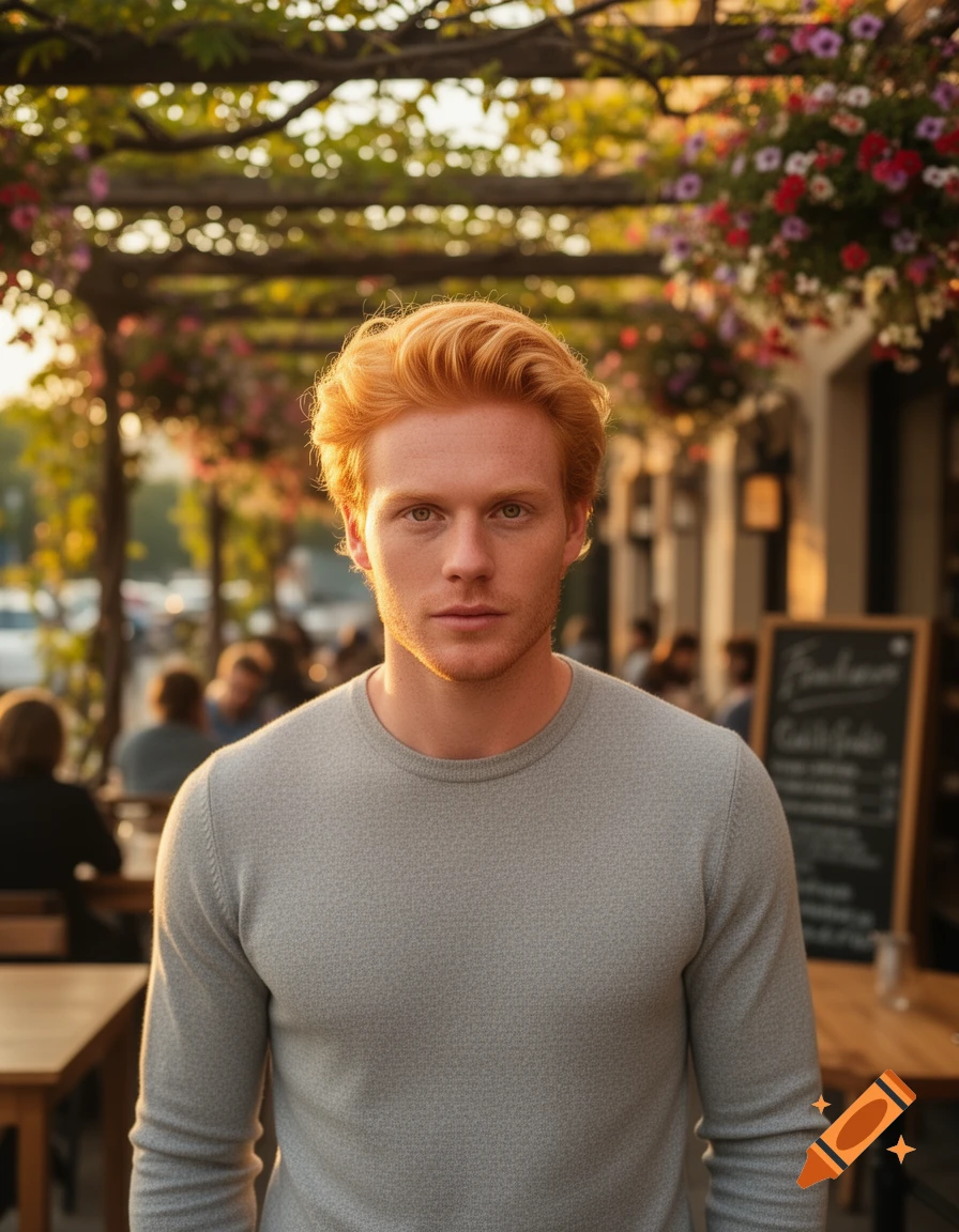 A photorealistic portrait of a red-haired man in a grey sweater, bathed in golden hour light on an outdoor patio with hanging flowers.