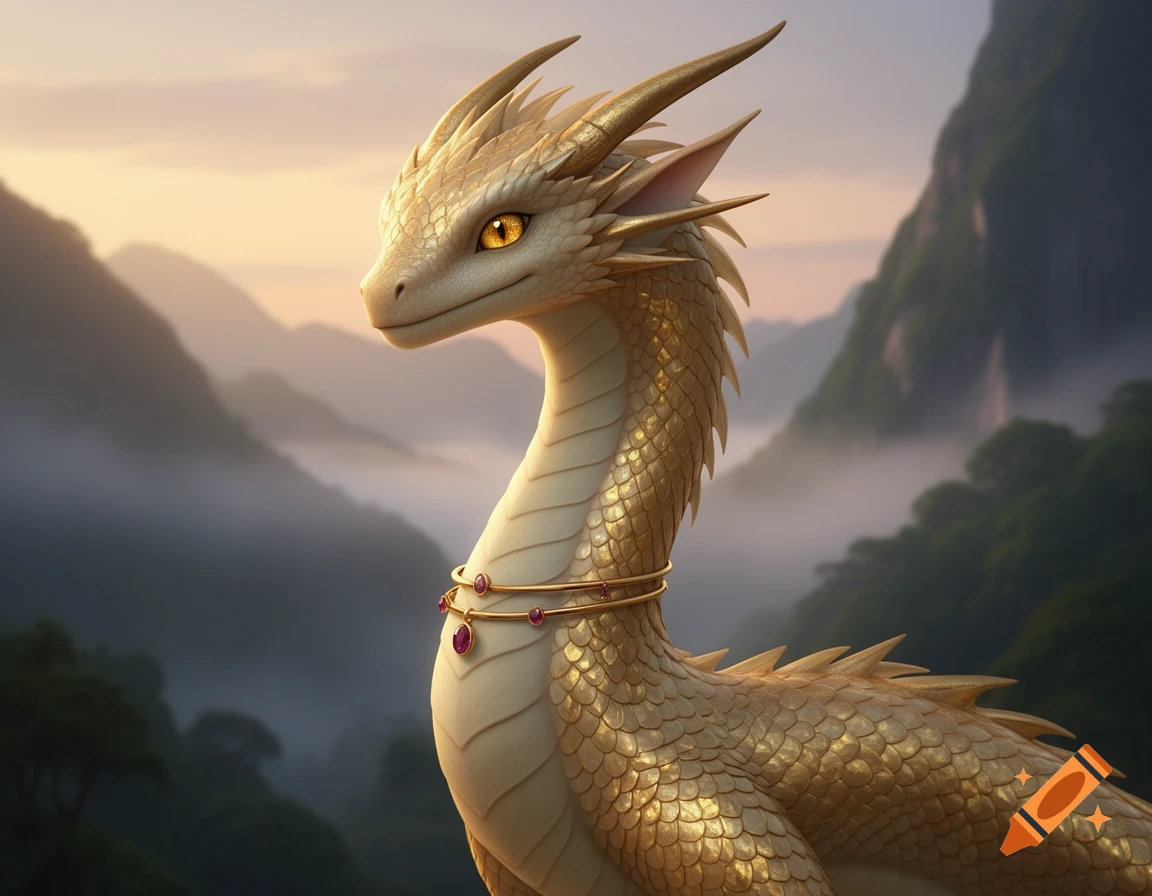 A graceful pale gold dragon with deep gold eyes and ruby jewelry looks out over misty mountains at sunset.