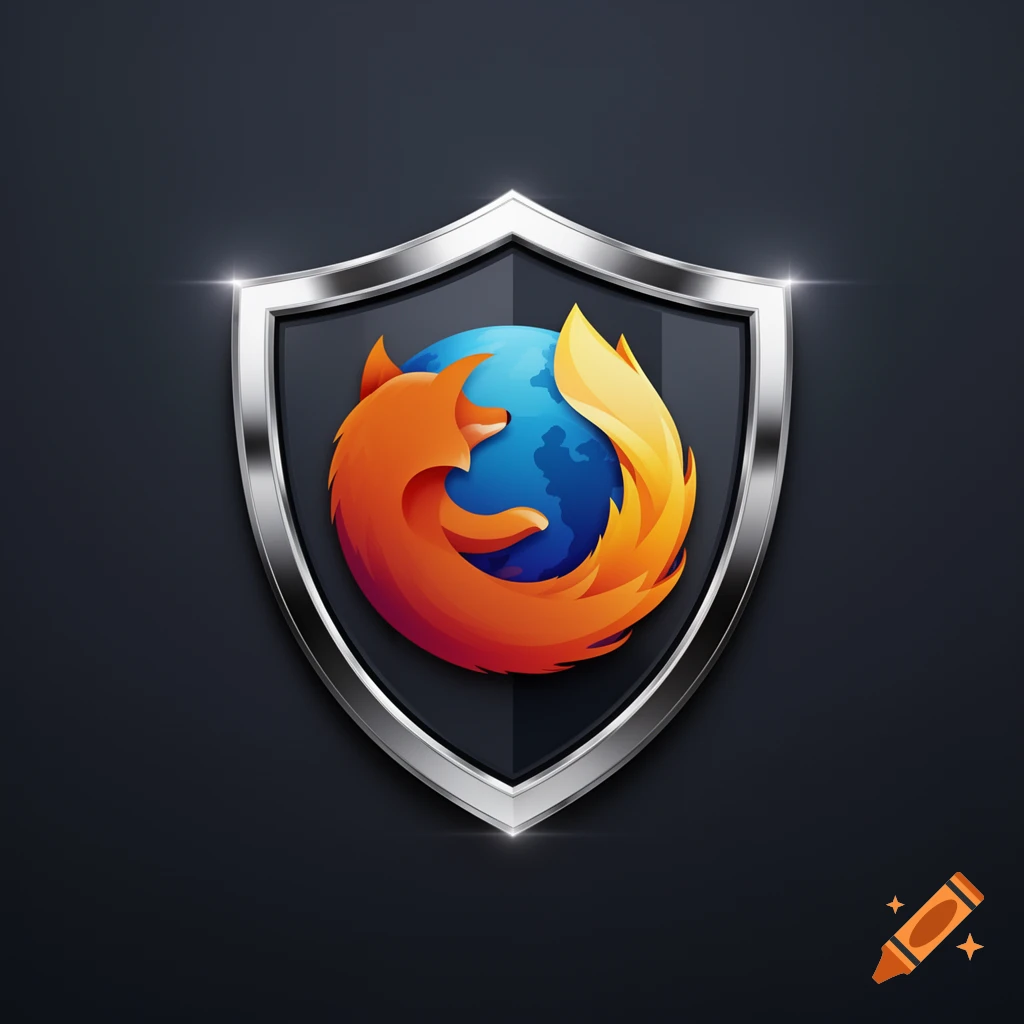 Firefox logo with an orange fox wrapping around a blue globe, set within a shiny silver shield on a dark gray background.