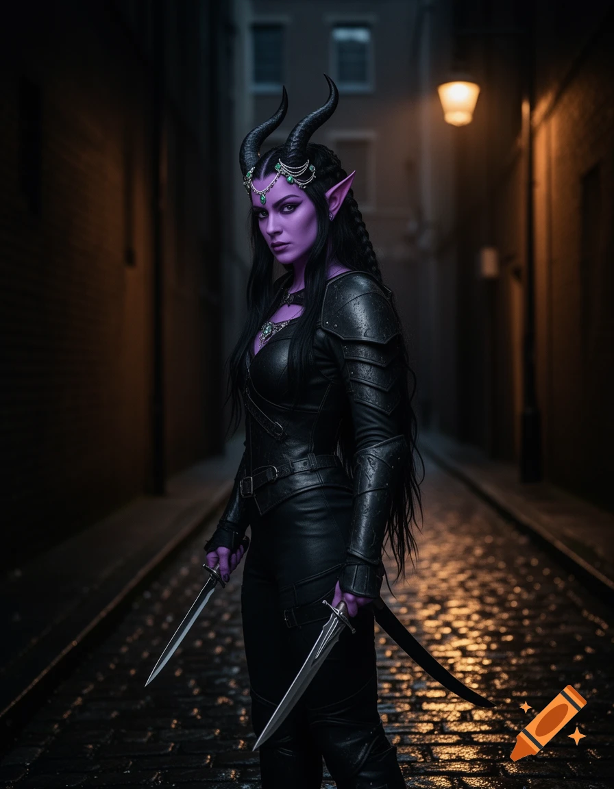 A photorealistic image of a female tiefling rogue with lilac skin, black horns, and leather armor, holding daggers in a dark alley.