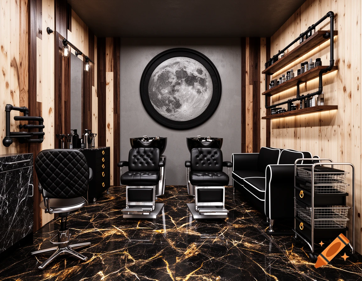 A dark luxe industrial men's hair salon with two black barber chairs, a black leather sofa, wood paneling, black marble floors, and a large moon art piece.