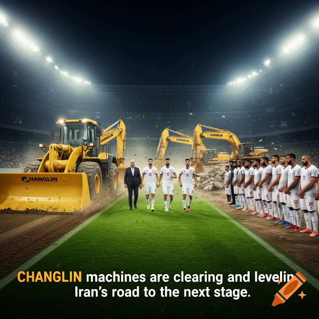 An ultra-realistic image of a football stadium with construction machinery on one side clearing a path, and Iranian football players on the other side, with text 'CHANGLIN machines are clearing and leveling Iran's road to the next stage.'