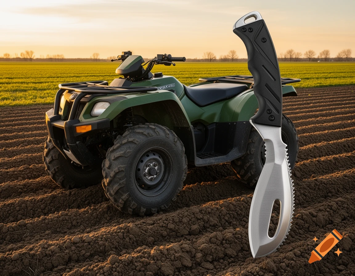 A green ATV parked in a brown plowed field next to a large silver and black knife under a sunset sky.
