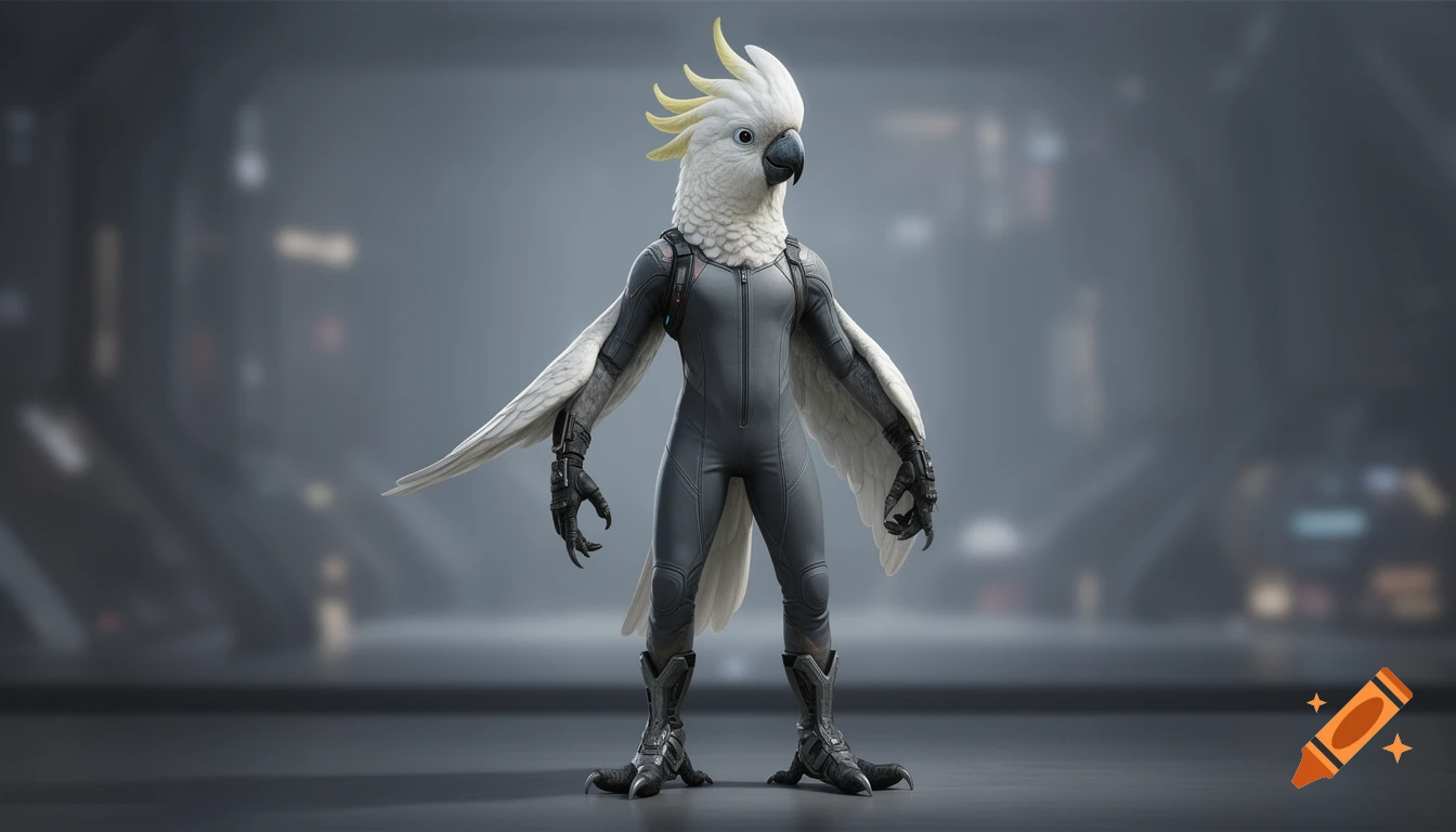 Full-body photorealistic image of an anthropomorphic cockatoo alien in a grey sci-fi jumpsuit with feathered wings and tech boots.