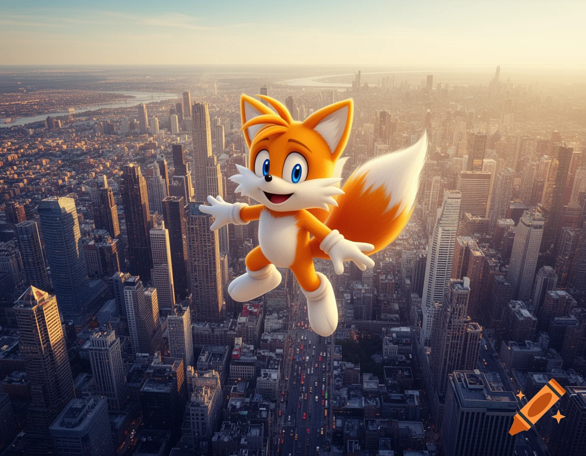 Giant cartoon fox character, Tails from Sonic, floats above a sprawling photorealistic city at sunset.