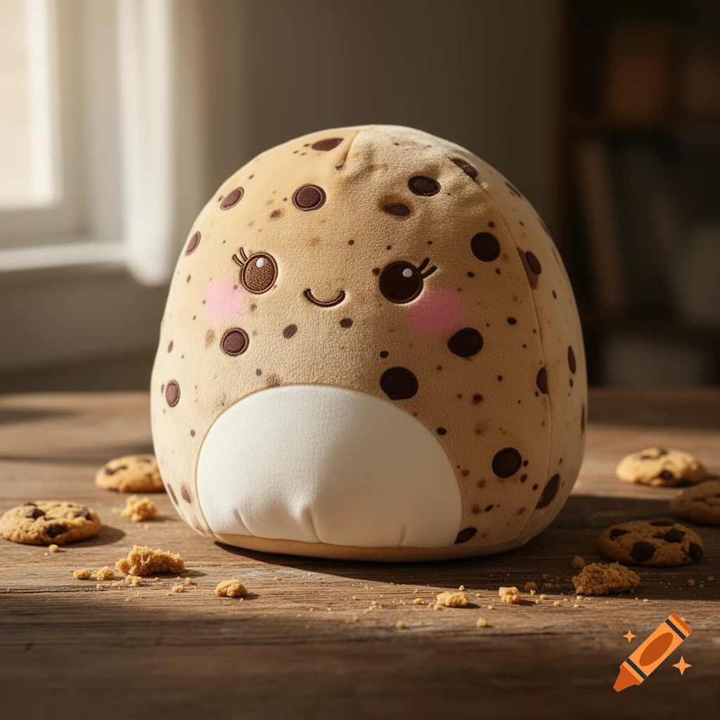 A smiling, round chocolate chip cookie Squishmallow plush toy sits on a wooden table scattered with cookie crumbs and whole cookies.