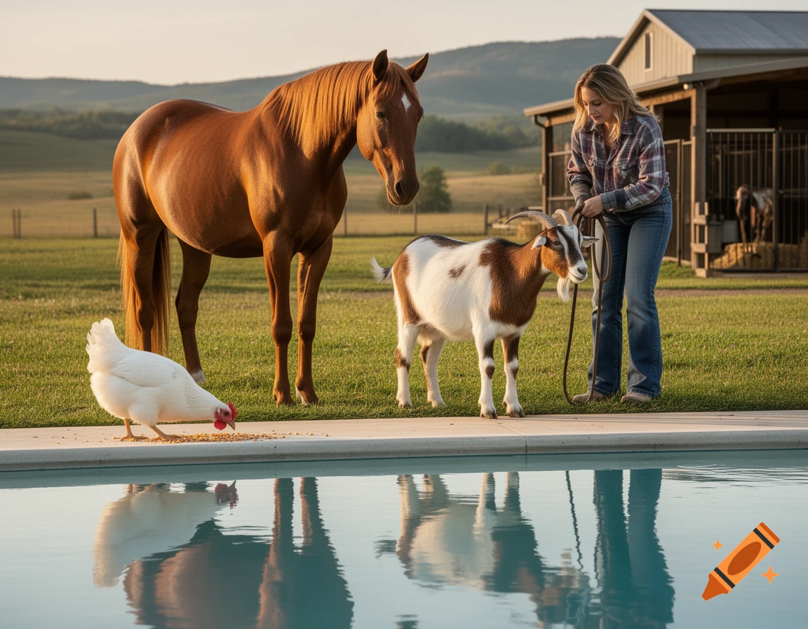 A woman leads a goat by a pool, with a horse and chicken nearby, on a farm with a barn and fields. Photorealistic.