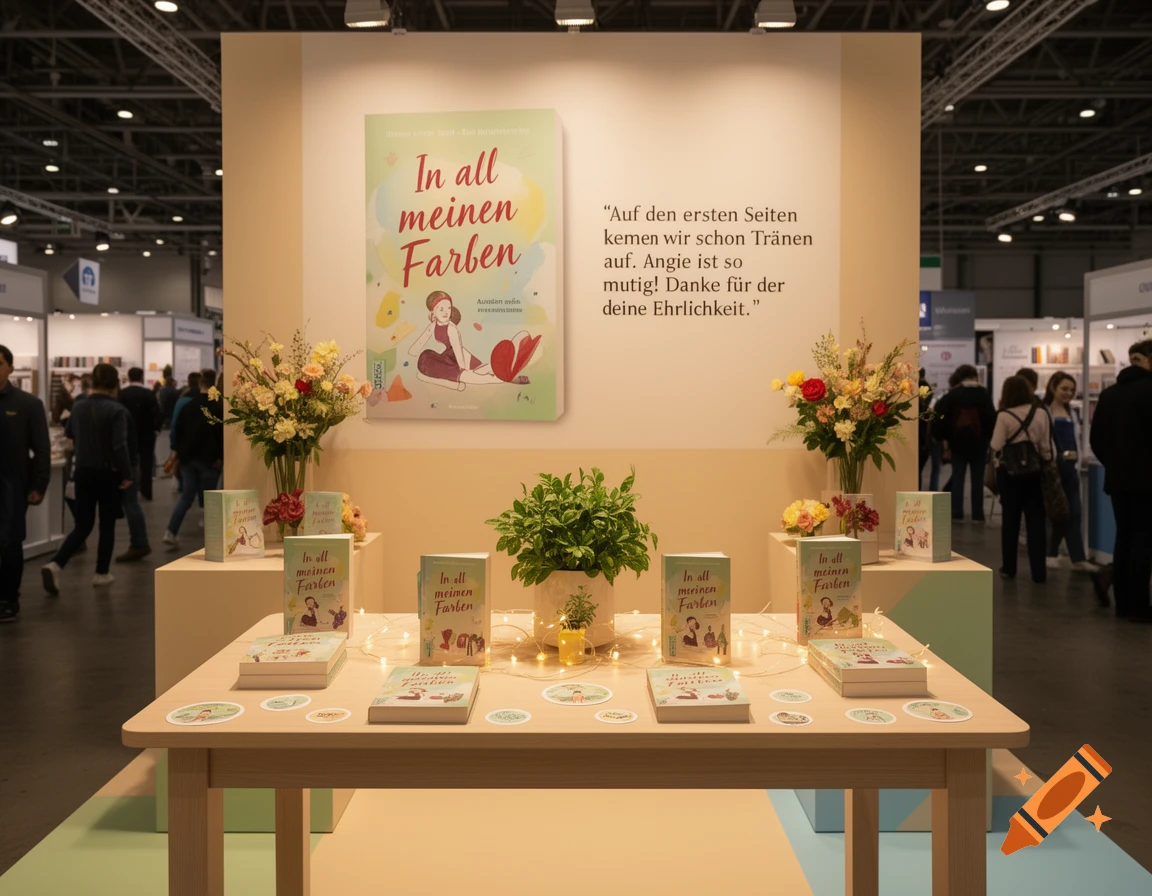 A photorealistic book fair stand featuring a large banner with a book cover titled 'In all meinen Farben' and a review. The stand has a light wooden table with books, stickers, a plant, and string lights, set against a warm, pastel-toned background with subtle floral elements. People are blurred in the background, suggesting a busy atmosphere.