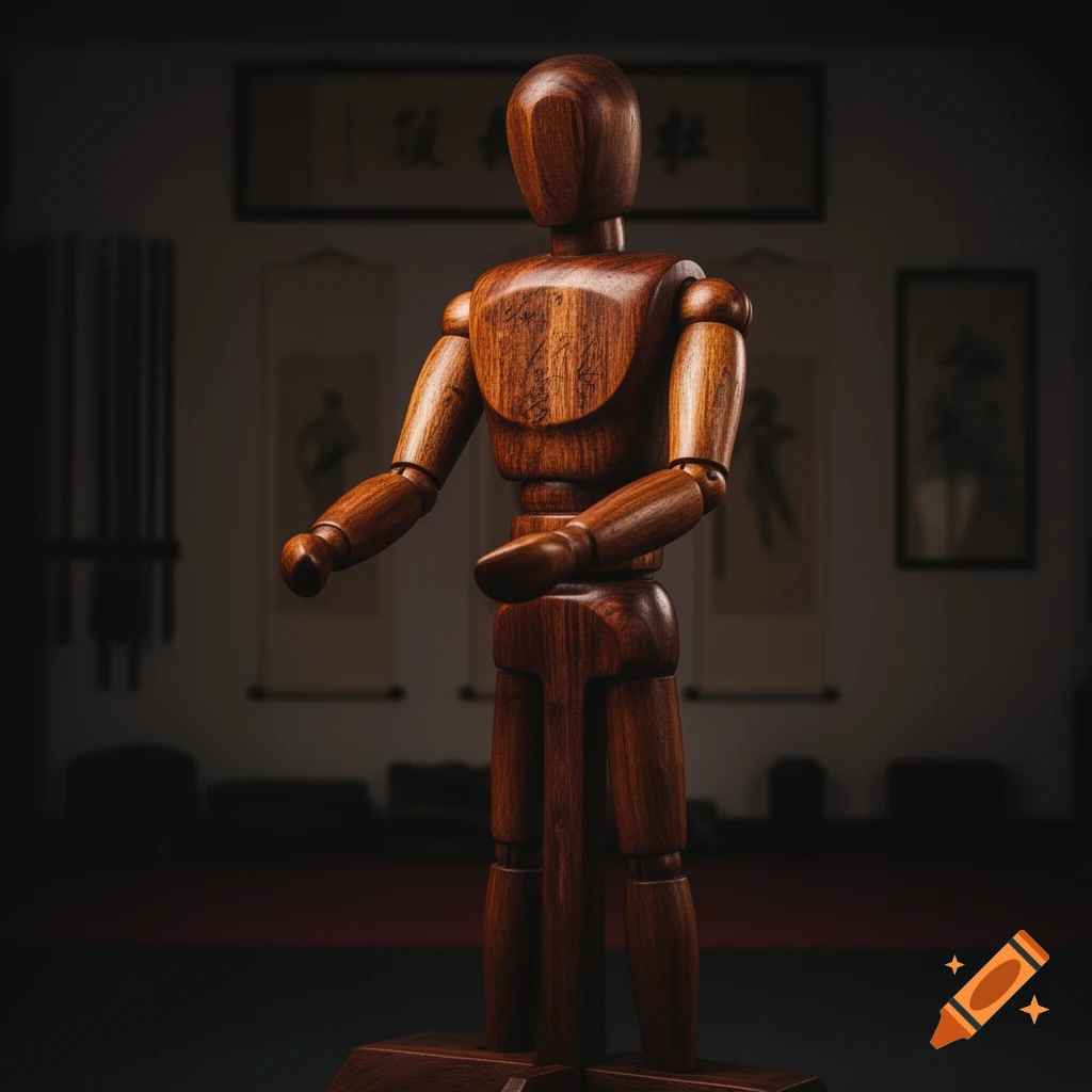 Polished wooden Wing Chun mannequin stands in a dimly lit martial arts studio, with blurred scrolls in the background.