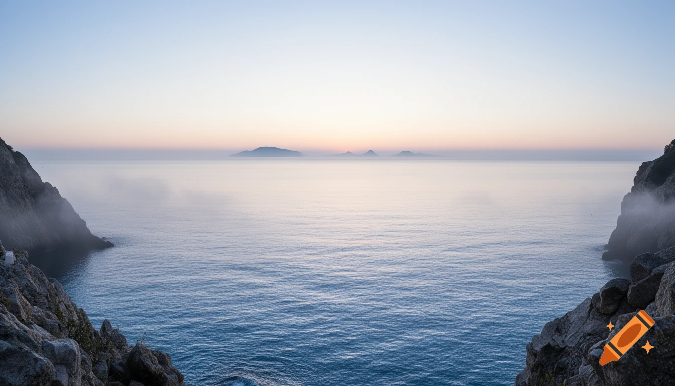 A serene ocean view at dawn or dusk, with rocky cliffs framing the foreground and distant islands shrouded in mist on the horizon.
