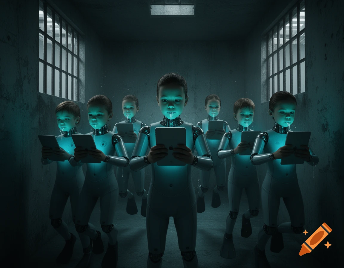 Child-like robots with glowing faces and drool hold tablets in a dark, grimy prison cell.