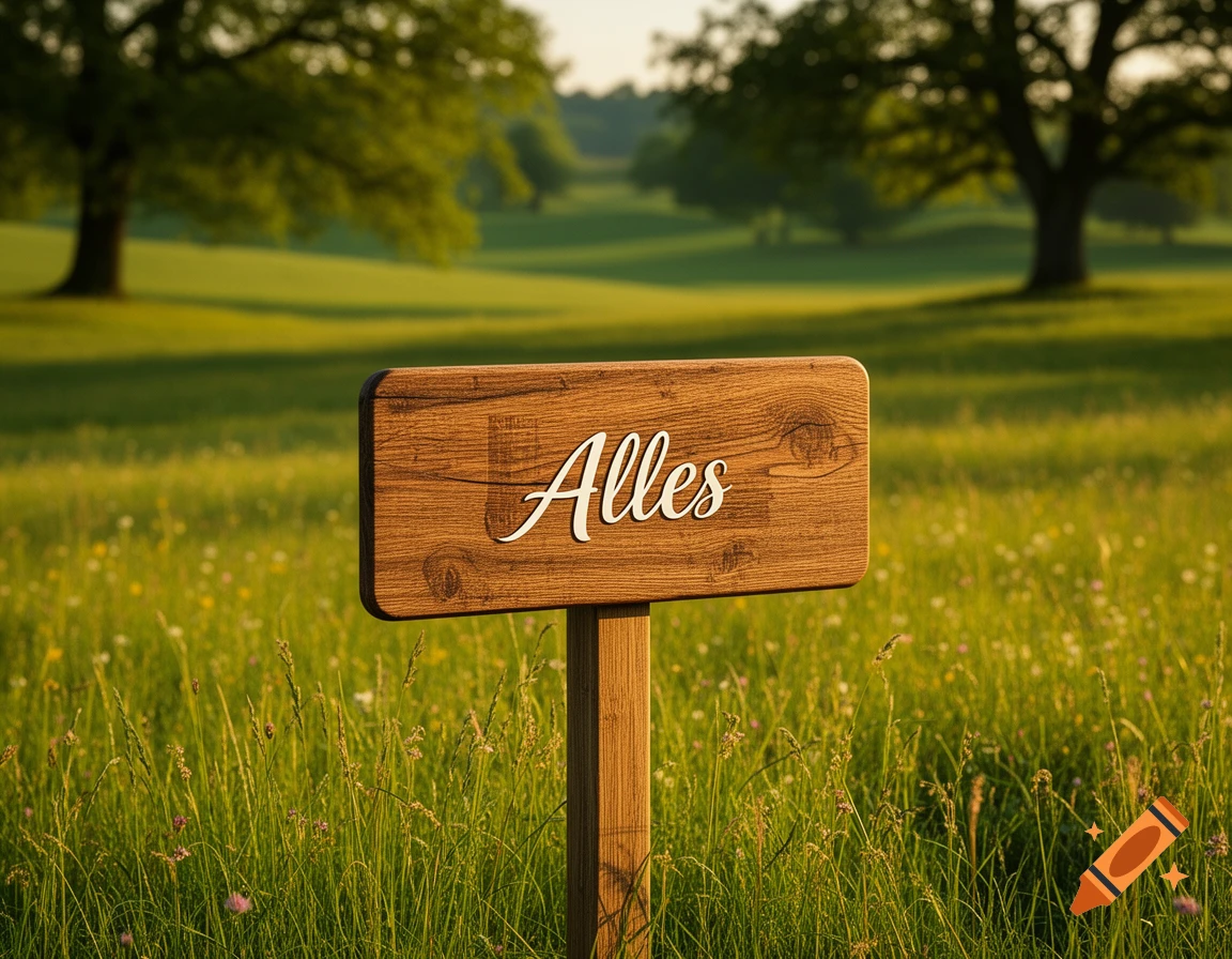 A wooden sign reading 'Alles' stands in a vibrant green meadow under soft sunlight, with trees in the background.