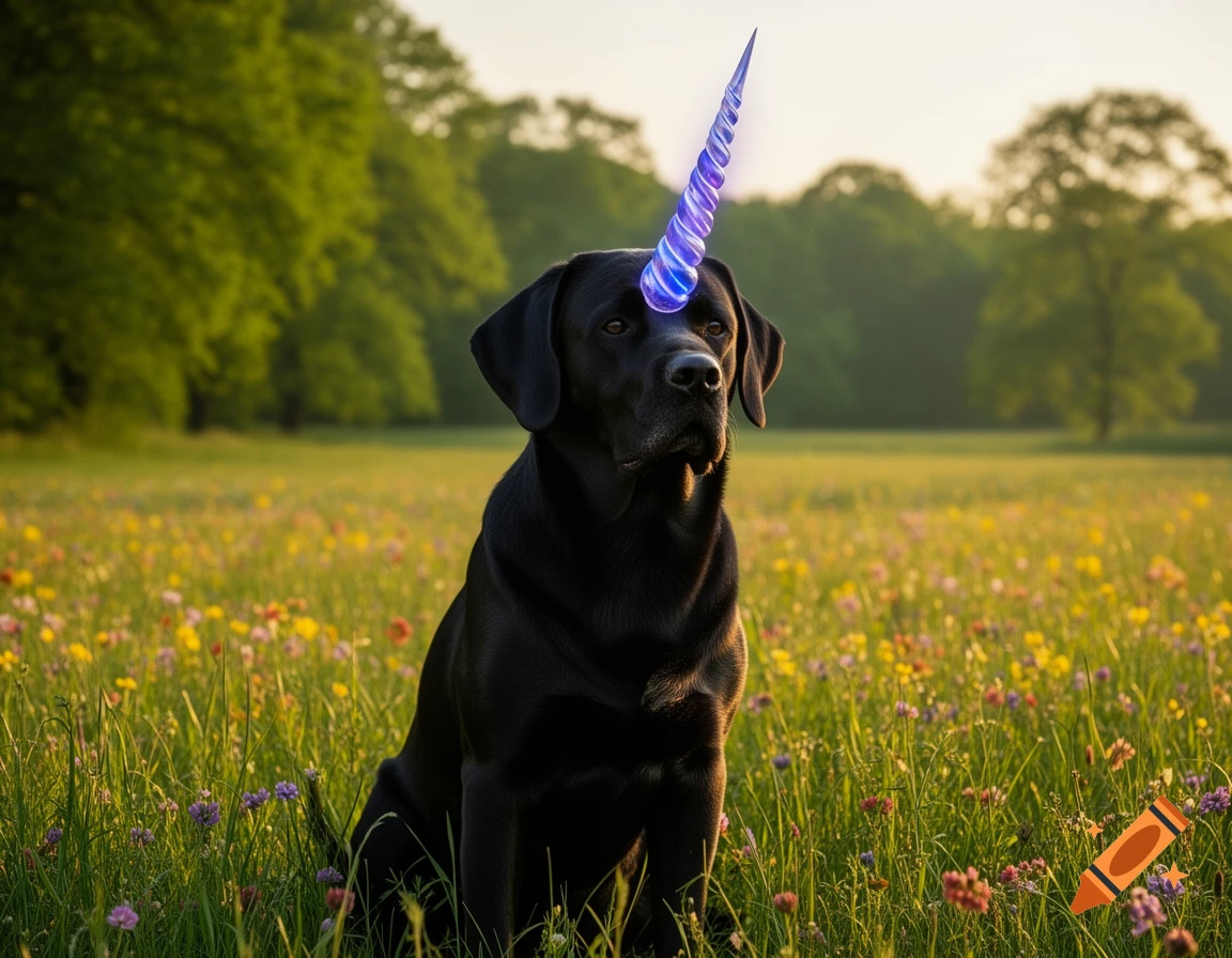 A photorealistic black Labrador with a glowing blue unicorn horn sits in a sunlit field of colorful wildflowers.