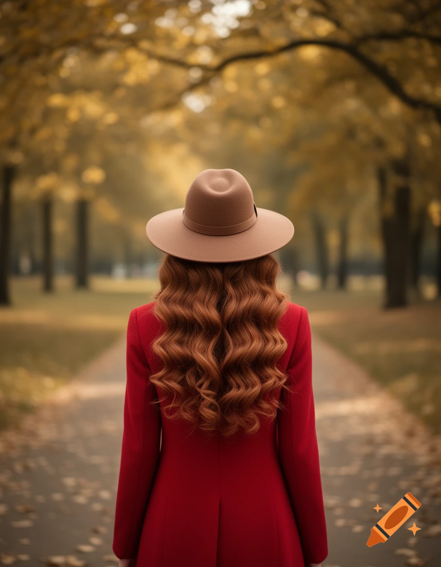 A woman with long wavy red hair and a brown wide-brimmed hat wears a red coat, walking away through an autumn park. Photorealistic.