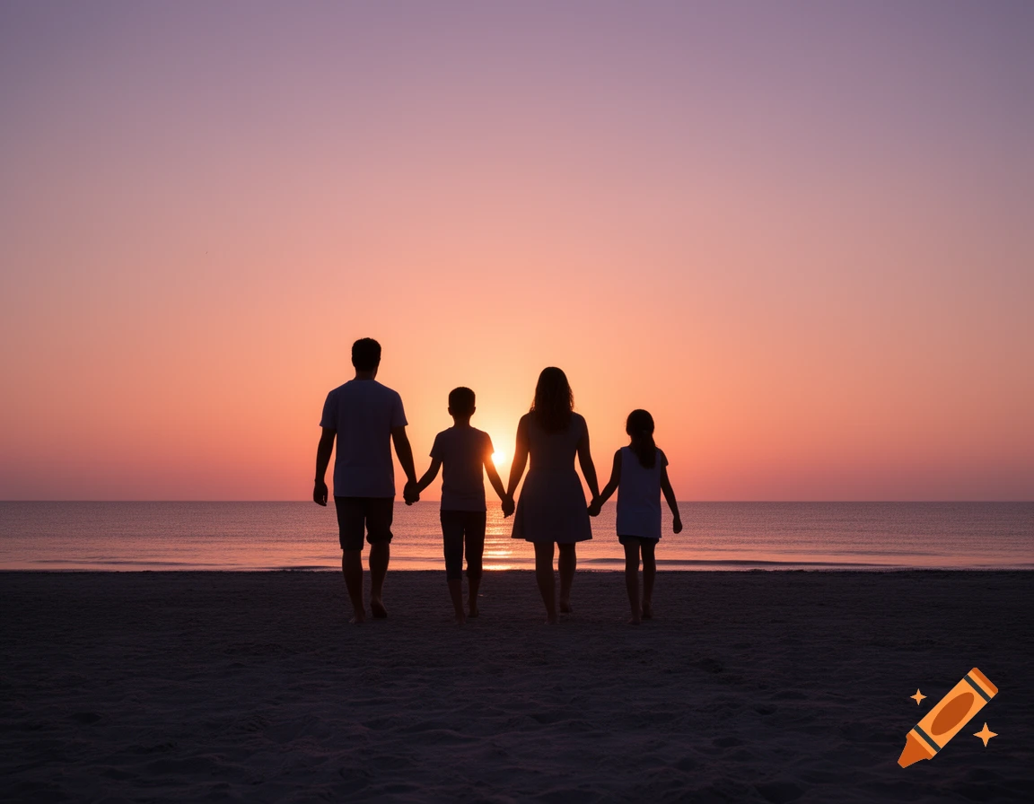 A family of four, silhouetted against a vibrant sunset, walks hand-in-hand on a sandy beach towards the ocean.
