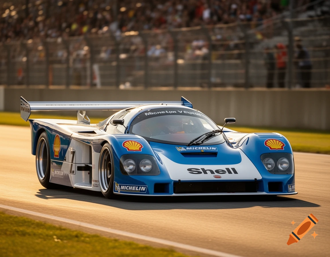 A blue and white Group C racecar with Shell and Michelin logos on a racetrack in golden hour lighting.